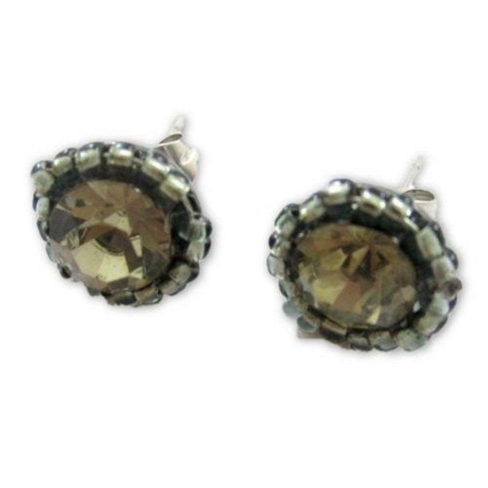 Pretty Grey Glass Seed Beads Surrounding Solitary‎ Rhinestone Stud Earrings